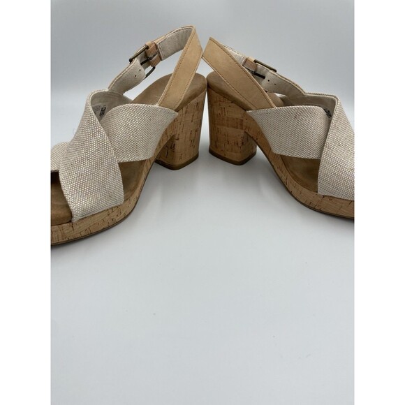 Toms Ibiza Sandals Khaki Canvas Women's 7 Platform Cork Heel Iridescent Thread - Picture 10 of 13
